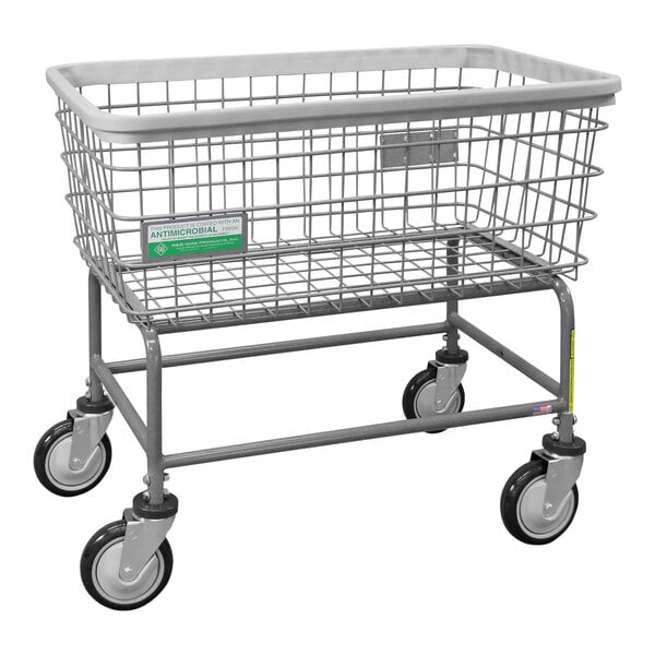 A large gray R&B Wire laundry cart with black wheels.