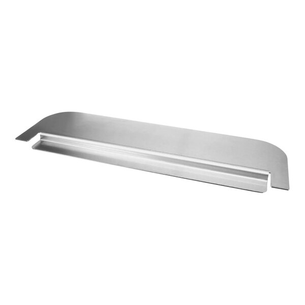 A white rectangular stainless steel splash guard with a metal handle.