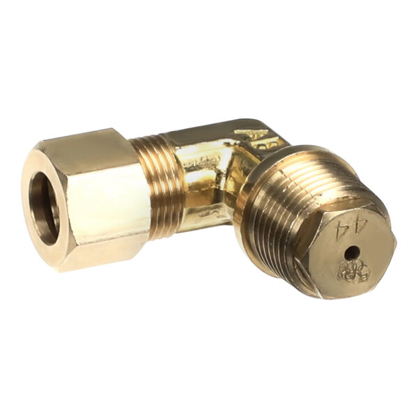 A gold colored Vulcan orifice elbow with a nut.