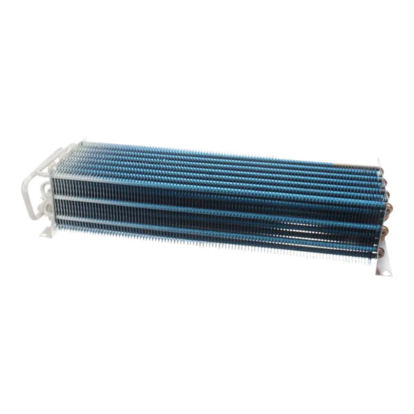 A close-up of a Turbo Air Refrigeration evaporator coil with blue and white metal rods.