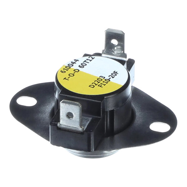 A black and yellow Vulcan Snap Disc T-Stat with a yellow label.