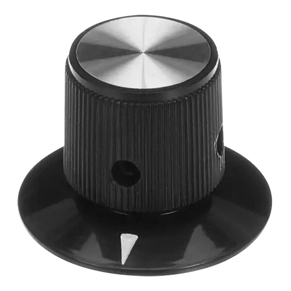 A close up of a black Imperial Range temp/timer knob with a silver circle and white stripe.