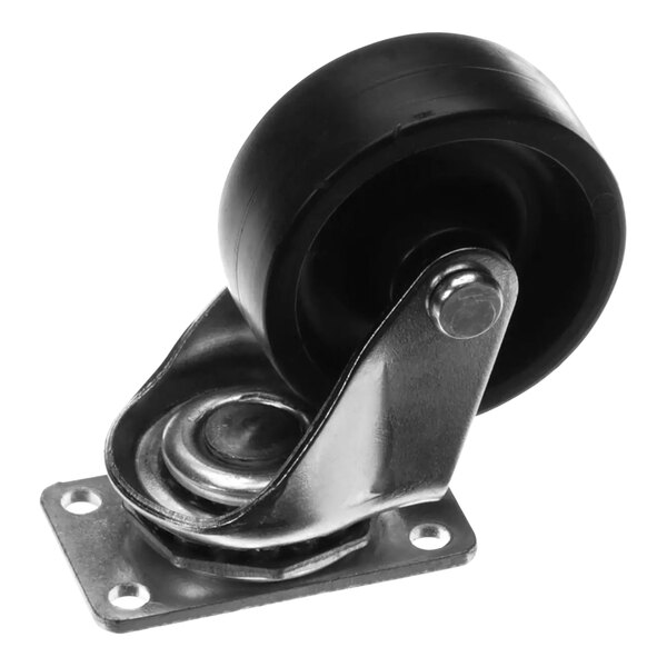 A black wheel with a metal plate.