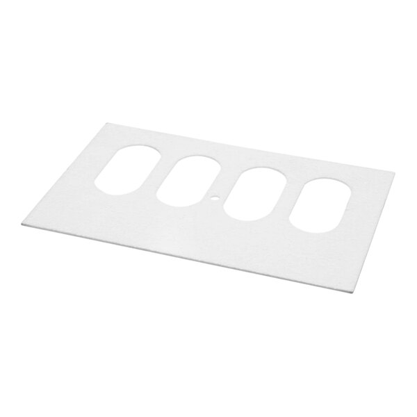 A white rectangular plastic gasket with holes.