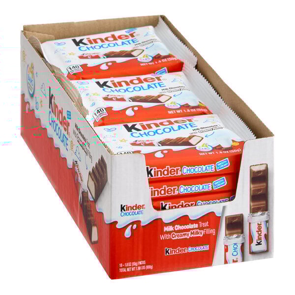A box containing 18 packs of Kinder Chocolate 4-piece cream-filled milk chocolate bars.