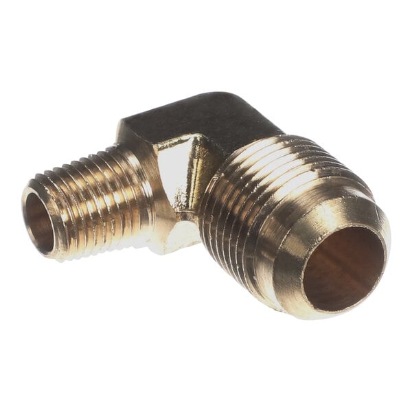 A brass Vulcan 90-degree elbow pipe fitting.