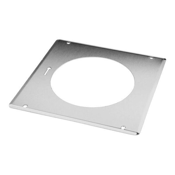 A silver metal square with a circle cut out.