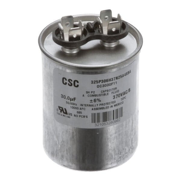 An Imperial Range capacitor with two wires and a metal cap.