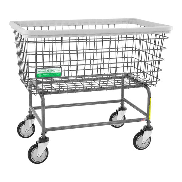 A large gray R&B Wire laundry cart with wheels.