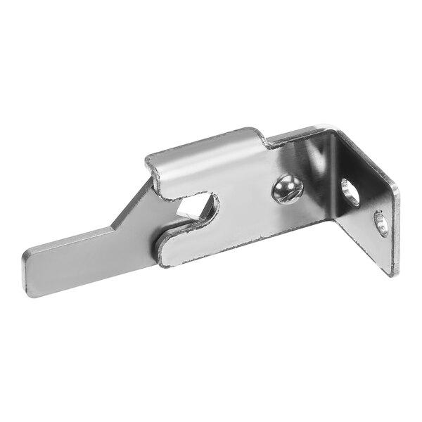 A stainless steel latch with a metal bracket and holes on the side of a Pitco tank cover.