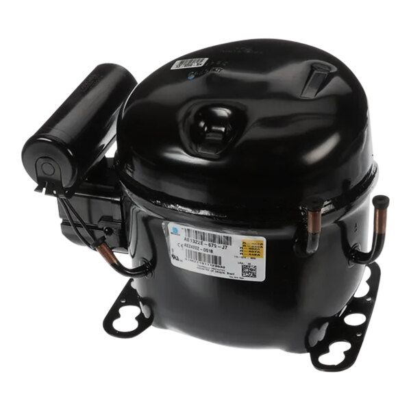 A black Turbo Air Refrigeration compressor with a white label.