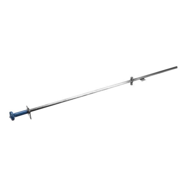 A long metal rod with a blue handle.