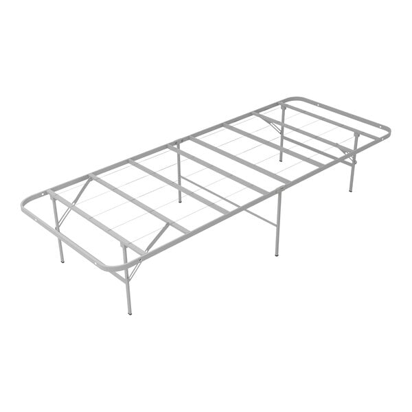 A Rize Home silver steel platform bed base with a metal frame.