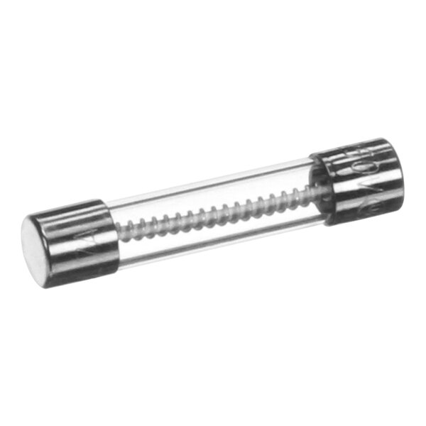 A close-up of a glass tube with a metal cylinder on the end.