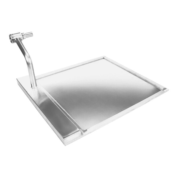 A stainless steel rectangular plate with a bent metal handle.