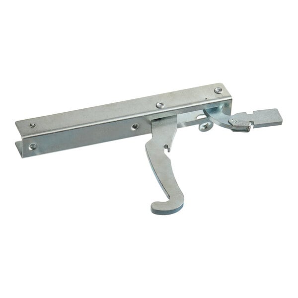 A metal Vulcan door hinge with a black handle.