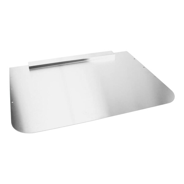 A stainless steel splash shield with a curved edge.