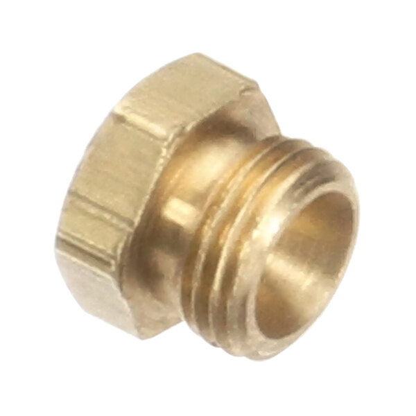 A close-up of a brass threaded nut.