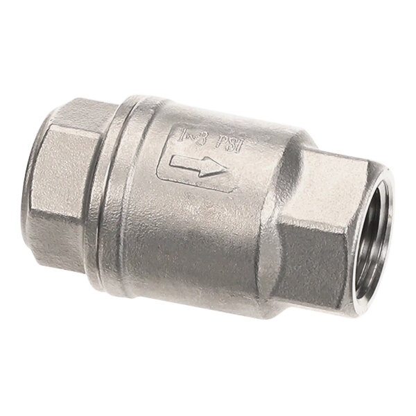 A stainless steel Pitco check valve with a threaded nut.