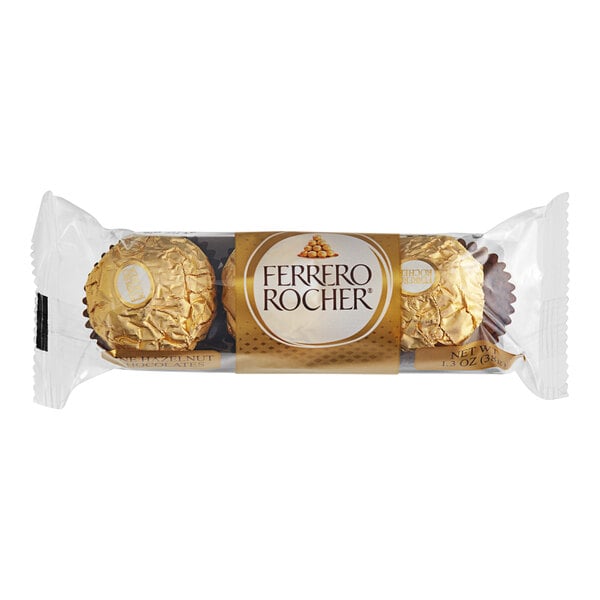 A package of 3 Ferrero Rocher chocolate hazelnut pralines.