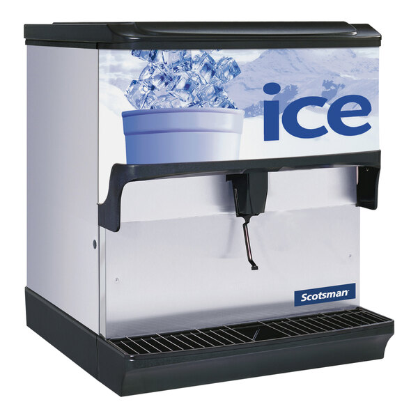 A Scotsman countertop ice dispenser with a sign that says ice.