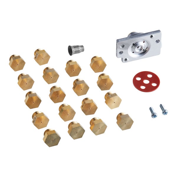 A set of brass hexagon-shaped nuts and bolts.