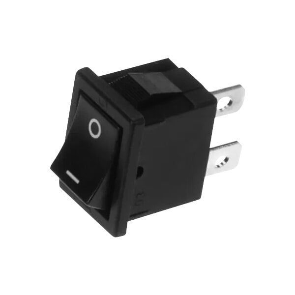 A black switch with a white and black button.