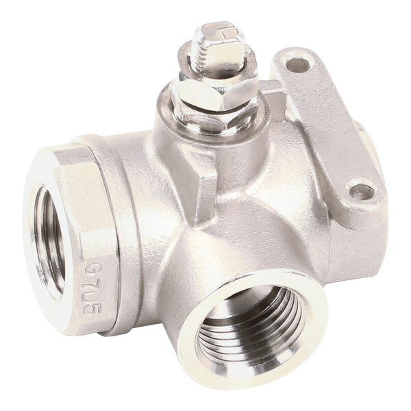 A silver stainless steel Pitco 3-way ball valve with a nut.