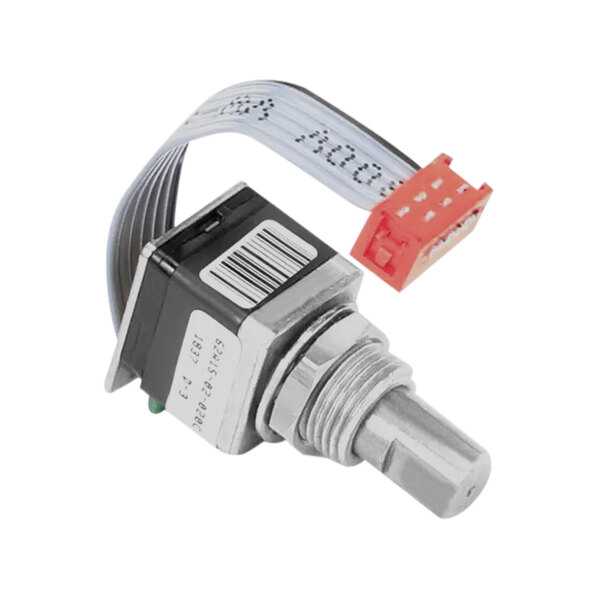 A close-up of a Vulcan Rot Optical Encoder with a red and white cable attached.