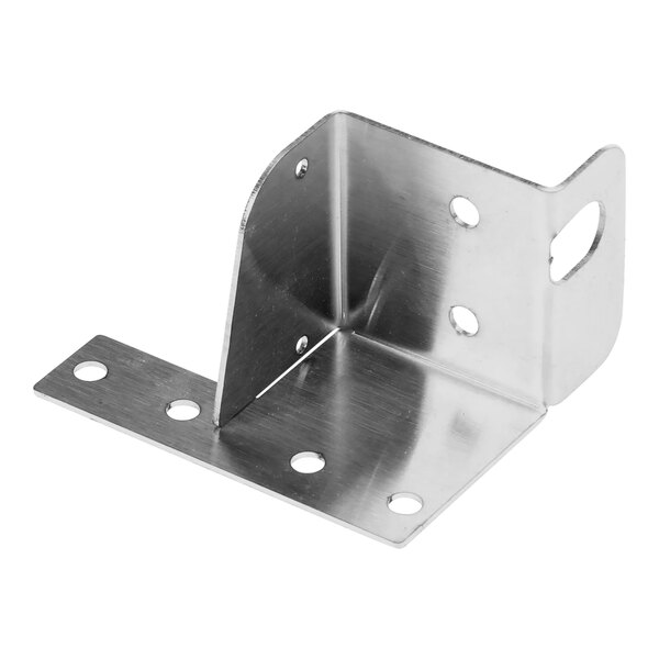 A stainless steel corner bracket with holes on the side.