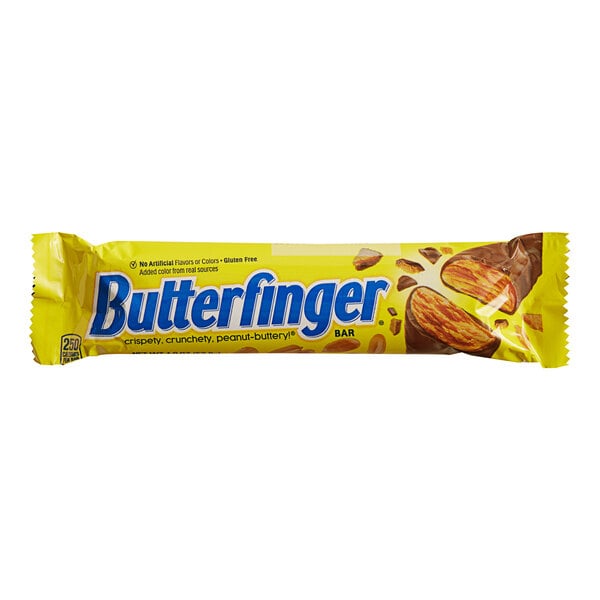 A yellow and blue wrapped Butterfinger candy bar.