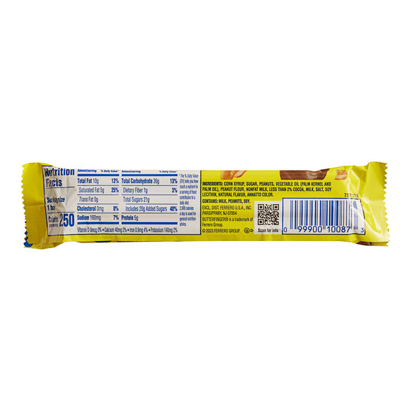 A Butterfinger chocolate bar in a yellow wrapper with blue and white text.