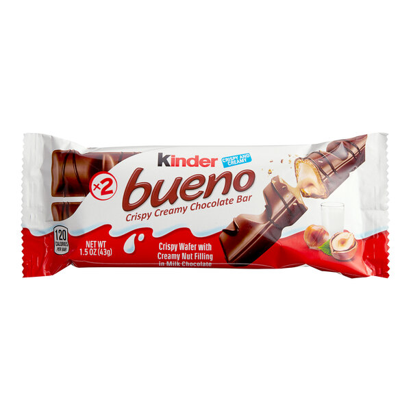 A KINDER Bueno chocolate bar with hazelnut filling.