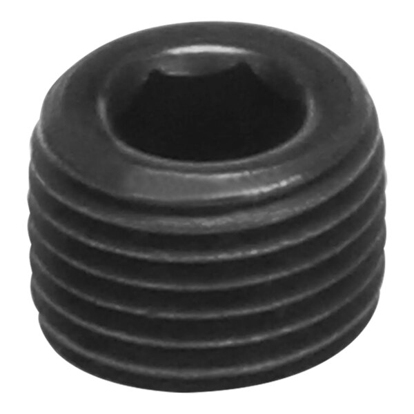 A black Vulcan countersink plug with a hole in it.