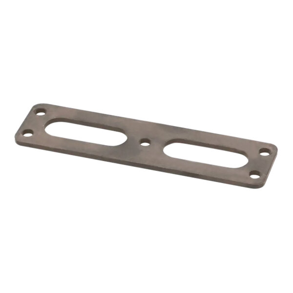 A metal plate with two holes, the Pitco A3341901 Tk Gasket.