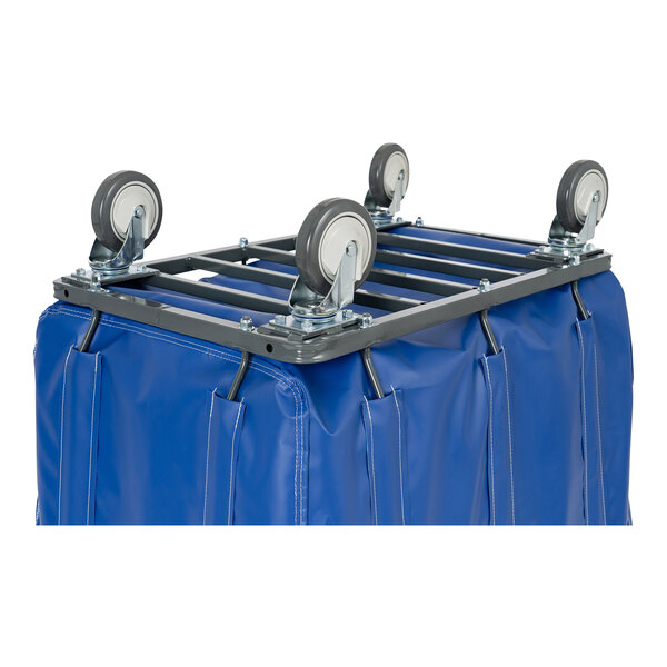 A blue R&B Wire Products laundry basket trolley with swivel casters.