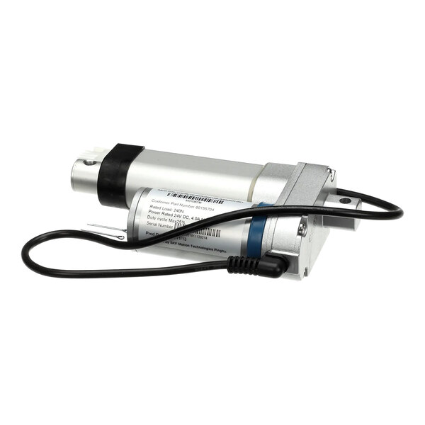 A silver and black Pitco linear actuator with a black cord.