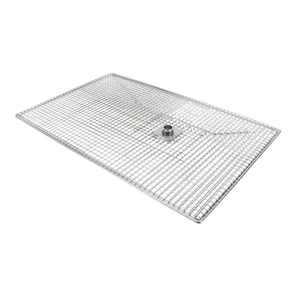 A stainless steel mesh rack with a hole in the middle.
