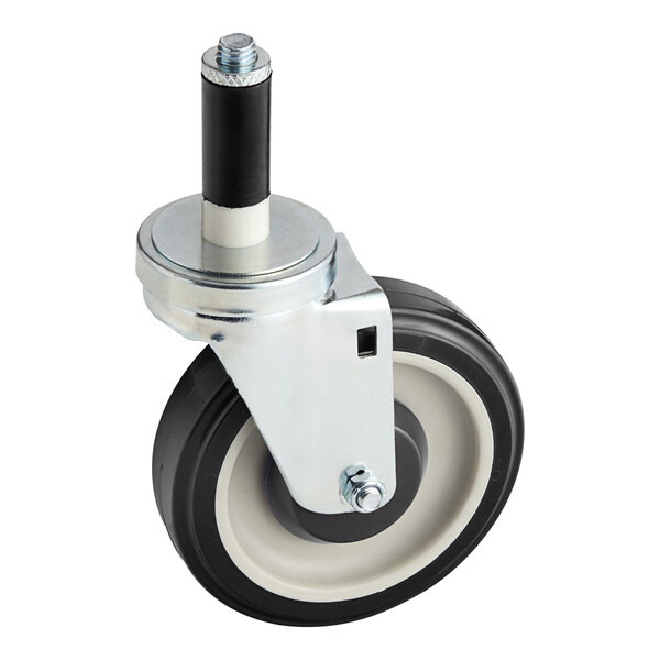 A Baker's Lane black and white caster wheel with metal post.