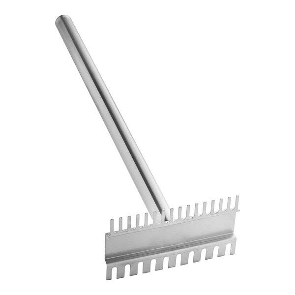 A stainless steel Vulcan scraper with a long handle.