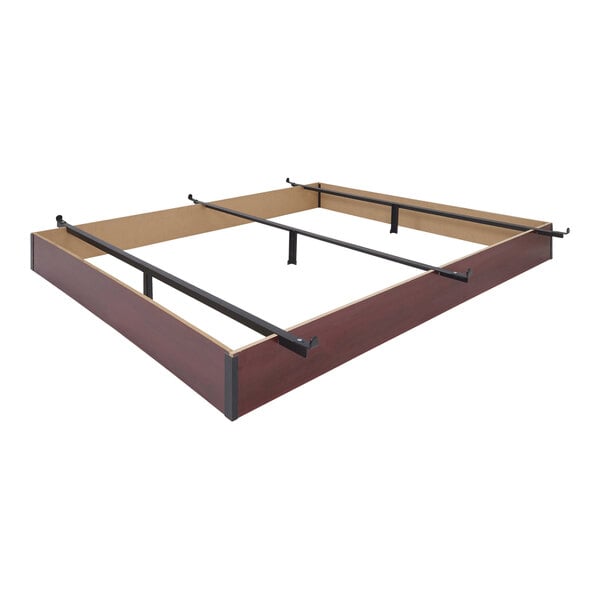 A Rize Home cherry MDF bed base with metal rails and wooden slats.