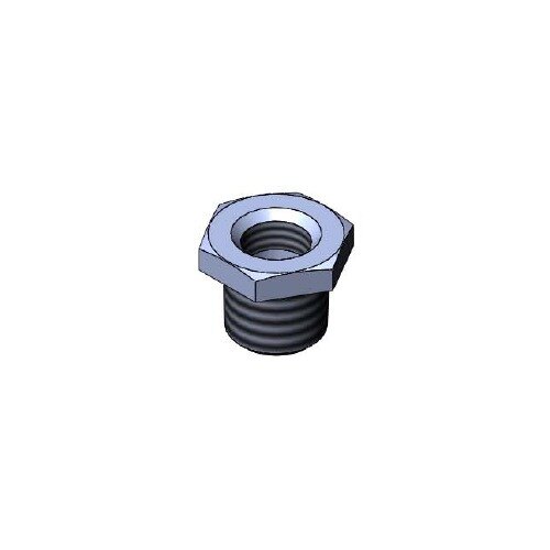 A chrome hex bushing with 3/8" NPT and 1/4" NPT threaded connections.