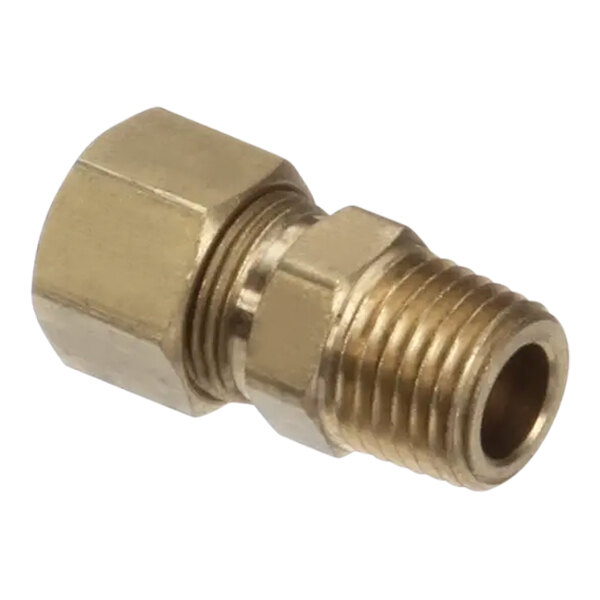 A brass Imperial Range 3/8 C x 1/4 MIP male connector.