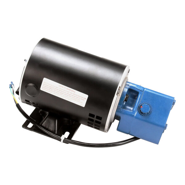 A black motor with a blue and white cover.