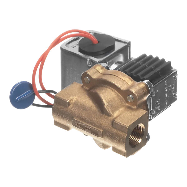 A close-up of a metal box with a metal device inside, including a brass valve and red and blue wires.