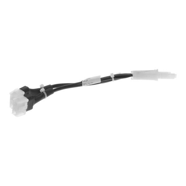 A black and white electrical wire with a white connector.