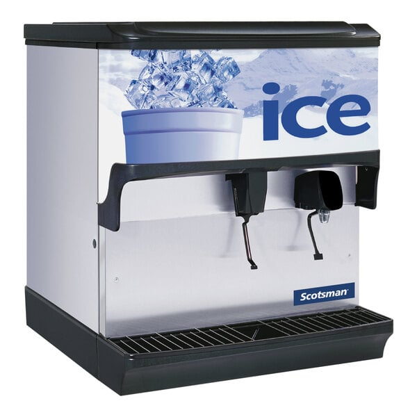 A Scotsman countertop ice and water dispenser with ice in the machine and a water dispenser.