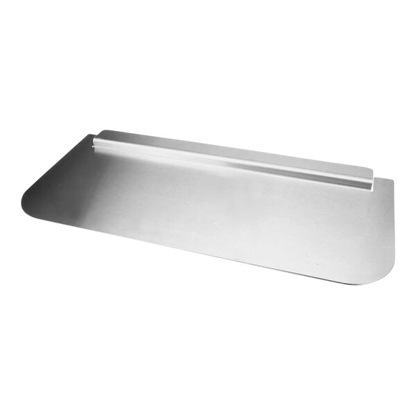 A stainless steel rectangular tray with a long thin strip on one side.