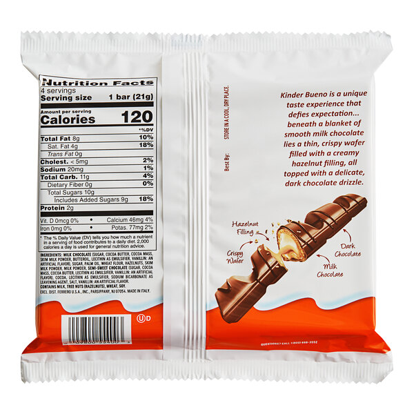 A white and orange package of 4 KINDER® Bueno chocolate bars.