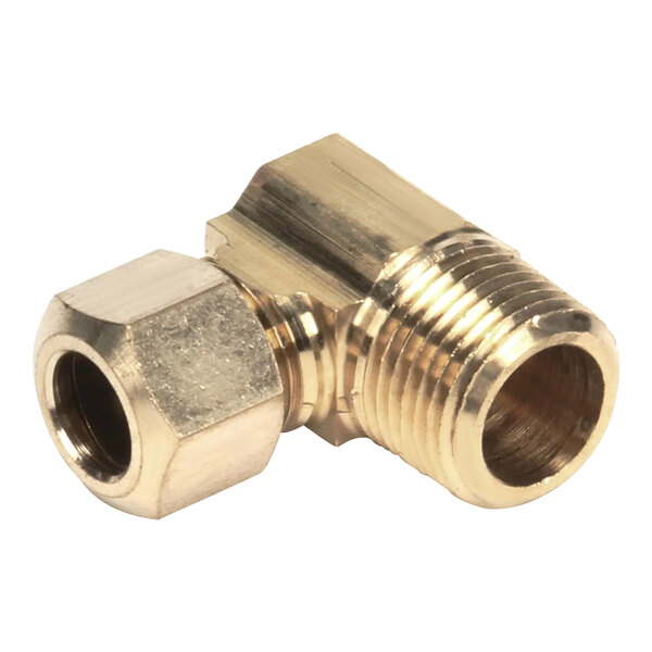 A close-up of a gold metal Vulcan brass elbow fitting with a nut.